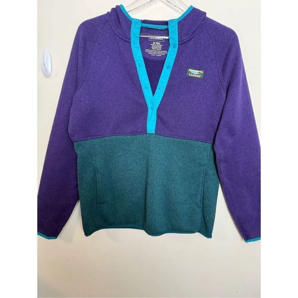 LL Bean Fleece Original Colorway 90s Vibe Pullover Hoodie Snaps Medium 502845 Pu